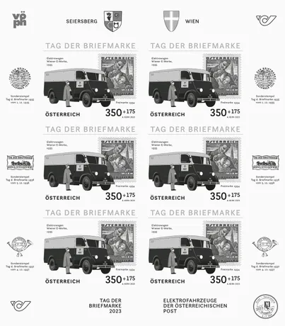69b2769eede276735b9dc710fd454898a766cadd.jpg Briefmarkenblock Österreich 2023, 'Tag der Briefmarke': Elektro-Postfahrzeug von 1935, Nominale 3,50+1,75 Euro.
