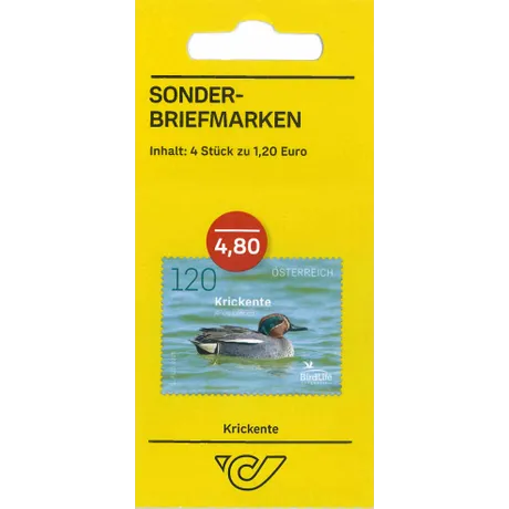 SM4_Krickente_0325 Austrian Post special stamp set: 4 stamps at €1.20 each, featuring a teal duck. Total price: €4.80.