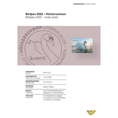 798c4cb059b34585726dfe63ff3b3bb2aa4724cd.jpg Austrian Post stamp 'Birdpex 2022: Mute Swan', €2.30, issued on 27.08.2022, featuring a swan on water.