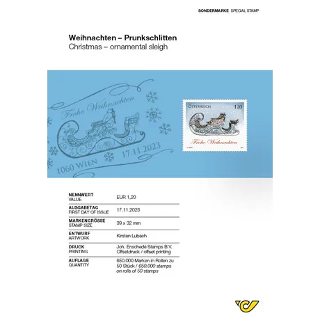 a112e84623c1fea06f83138a4b975f44f42d513e.png Austrian Post stamp 2023, €1.20: Christmas ornamental sleigh with 'Merry Christmas' text, issued 17.11.2023.