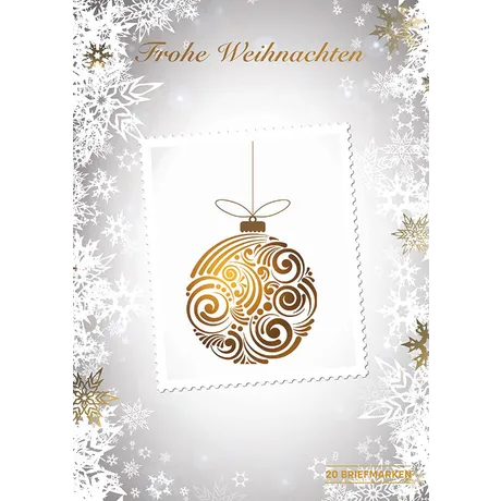 Cover der Weihnachtsedition stilisierte goldene Christbaumkugel auf weißem Hintergrund umrahmt von Schneeflocken Schrift Frohe Weihnachten oben Hinweis 20 Briefmarken unten elegante Gestaltung in Silber und Gold