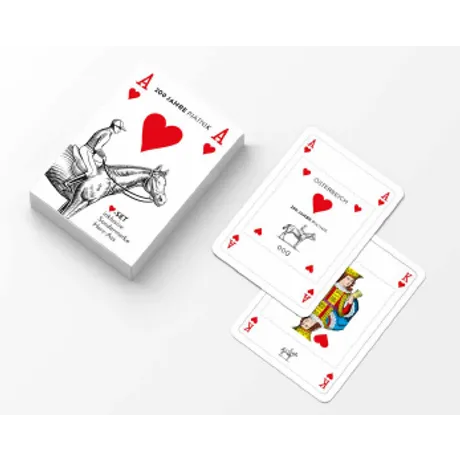 Herz_Block Austrian Post playing cards set for '200 Years Radel Post', featuring a rider and Posthorn design.
