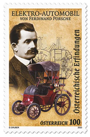 69bfd16ed08e65e7c0a7bc307c13423de48f902a.jpg Briefmarke Österreich 2023, Nominale 1,00 Euro: Ferdinand Porsche und seine Elektroauto-Erfindung.