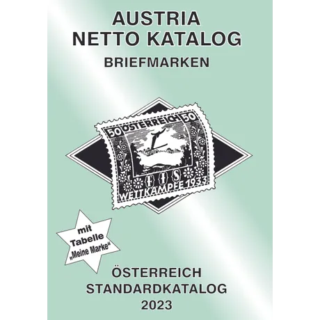 088cf3a83119b111bfa3a209a75483b3ec783836.jpg Cover of the Austria Netto Katalog 2023 featuring Austrian stamps, including a 1933 FIS competition stamp.