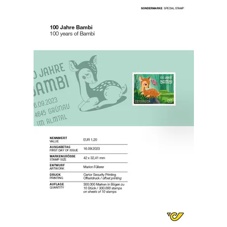 1493eb6511ef118ac90ffe3f193bf3ae87081888.jpg Briefmarke Österreich 2023, Nominale 1,20 €: '100 Jahre Bambi' mit Rehkitz im Wald. Ausgabetag 16.09.2023.