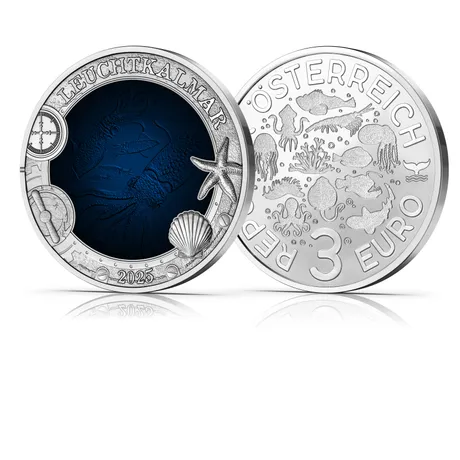 2025_3E_Leuchtkalmar_AV_RS_3D Österreichische 3-Euro-Münze 2025 mit Leuchtkalmar-Design und Meeresmotiven, herausgegeben von der Münze Österreich.