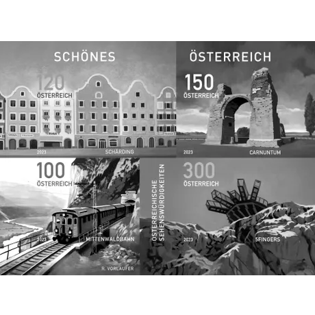 SD_Schönes Österreich_0623 Austrian Post 2023 stamps: Schärding (1.20€), Carnuntum (1.50€), Mittenwaldbahn (1.00€), 5fingers (3.00€).