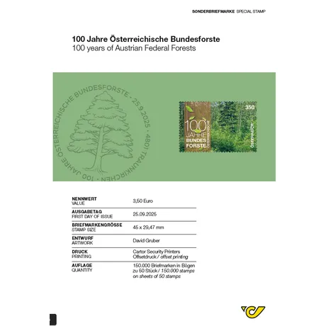 Abhandlung der Sonderbriefmarke ‚100 Jahre Österreichische Bundesforste‘ mit Waldmotiv, Nennwert 3,50 Euro, Ausgabetag 25.09.2025. Entwurf von David Gruber, gedruckt im Offsetdruck bei Carter Security Printers. Auflage: 150.000 Stück