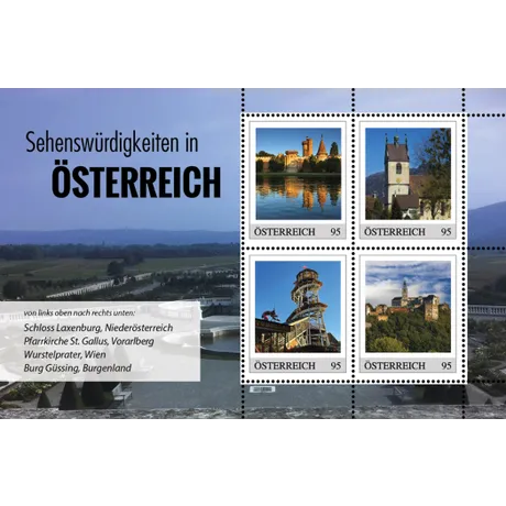 13bb93f376fa8c3eb73eb17ef5079752a3236c88.png Austrian Post 2023 stamp set 'Sights in Austria', €0.95 each: Laxenburg Castle, St. Gallus Church, Prater Tower, Güssing Castle.