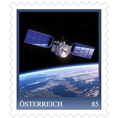 Austrian stamp 2023, nominal value 0.85 euros: satellite orbiting Earth, blue background.