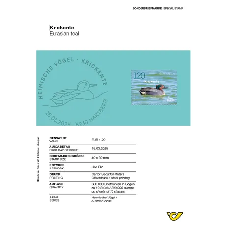 Briefmarke Österreich 2025, Nominale 1,20 €: Krickente aus der Serie 'Heimische Vögel'.