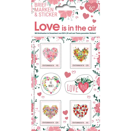 625003_Love-is-in-the-air-800 Briefmarkenset der Österreichischen Post 'Love is in the air' mit Blumenherzen, Gesamtwert €4,30, inkl. passender Sticker.