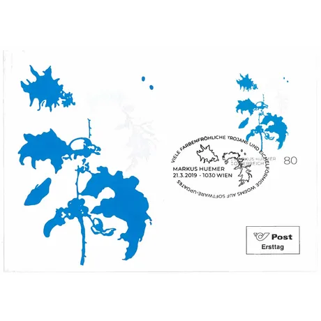 3c4c00621e5200ed54605cb1ea0756f06c274002.png Ersttagsbrief der Österreichischen Post mit Briefmarke 2019, Nominale 0,80 Euro, blaues abstraktes Blumenmotiv von Markus Huemer.