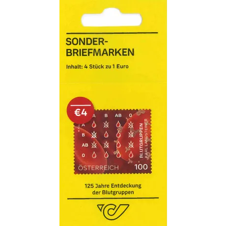 125 Jahre Entdeckung der Blutgruppen Austrian Post special stamp set: 125 years of blood group discovery, 4 stamps at €1 each, total €4.