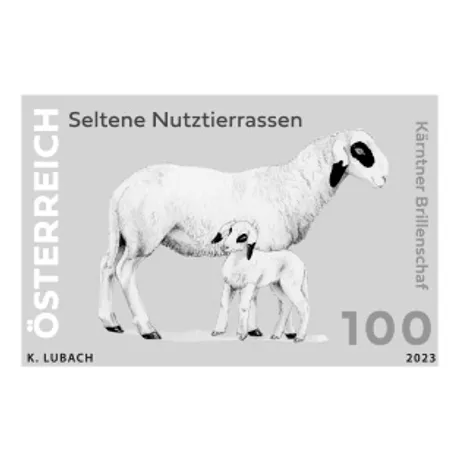 056199f86807747a80358b72db45e853006053bb.jpg Briefmarke Österreich 2023, Nominale 1,00 Euro: Kärntner Brillenschaf, Teil der Serie 'Seltene Nutztierrassen'.