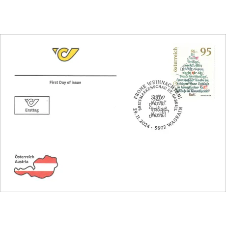Ersttagsbrief mit Briefmarke Österreich 2024, Nominale 0,95 Euro: Stille Nacht, und Sonderstempel.