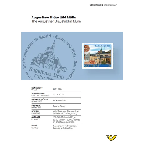 21c634a7b5820408b3de95953239eb6f06b29062.png Briefmarke Österreich 2022, Nominale 1,35 €: Augustiner Bräustübl Mülln mit historischem Brauhaus und Kloster.