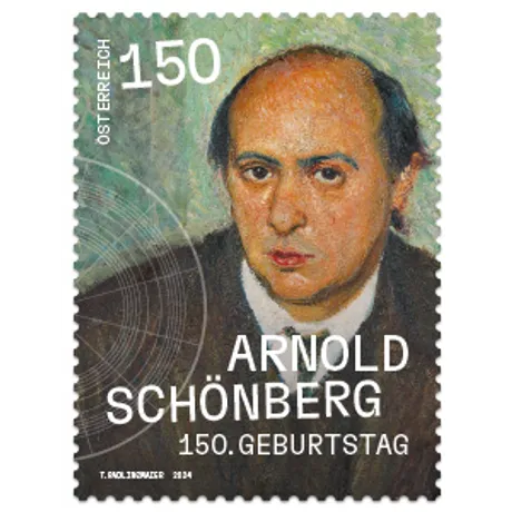 Briefmarke Österreich 2024, Nominale 1,50 Euro: Porträt von Arnold Schönberg zum 150. Geburtstag.