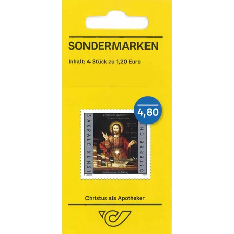 Austrian Post special stamp set 2024, 'Christ as Apothecary,' 4 stamps at €1.20 each, total €4.80.