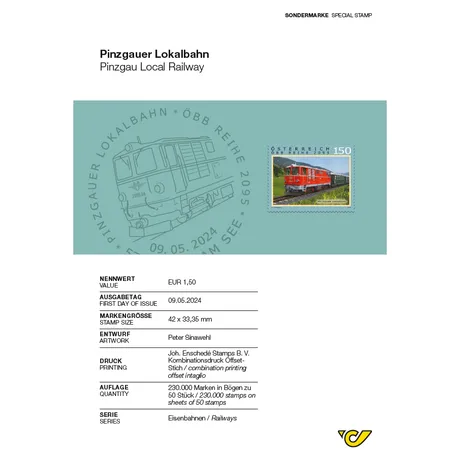 Austrian Post stamp 2024, €1.50: Pinzgau Local Railway, ÖBB series, red train on a green landscape.