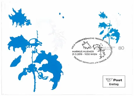 3c4c00621e5200ed54605cb1ea0756f06c274002.png Ersttagsbrief der Österreichischen Post mit Briefmarke 2019, Nominale 0,80 Euro, blaues abstraktes Blumenmotiv von Markus Huemer.