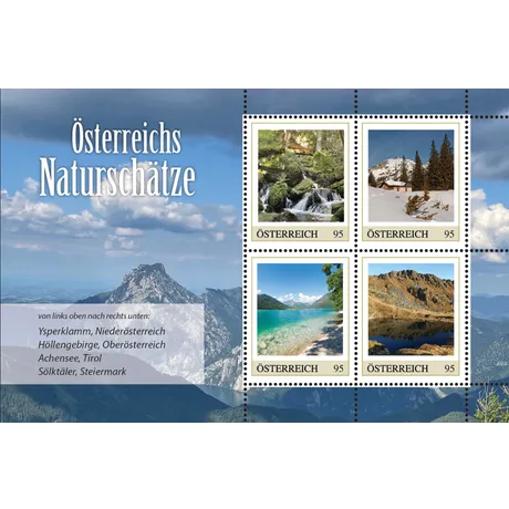 Austrian Post stamp sheet 'Austria's Natural Treasures' 2023, €0.95 each: Ysperklamm, Höllengebirge, Achensee, Sölktäler.
