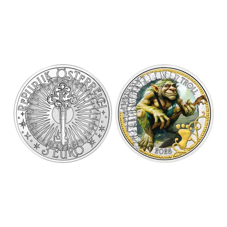 Yellow background with black text 3 EUR Series – The Troll. Nominal 3, Austria, year 2025