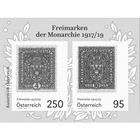 Briefmarken Österreich 2024: 'Freimarken der Monarchie 1917/19', 4 Kronen (250€) und 10 Kronen (95€).