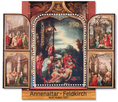 Sonderbriefmarkenblock zur Darstellung des Annenaltars von Wolf Huber im Dom St. Nikolaus in Feldkirch. Die Marke zeigt ein kunstvoll gestaltetes Altarbild mit religiösen Motiven aus der Renaissancezeit, Teil der Serie „Sakrale Kunst in Österreich“.