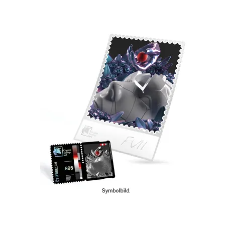 Austrian Post Crypto Stamp Art 2023, Nominal value 9.90 Euro: Futuristic design with a fragmented head and red gem.
