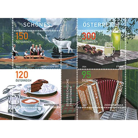 Briefmarken Österreich 2021: 1,50€ Almabtrieb, 3,00€ Sturm, 1,20€ Kaffeehaus, 0,95€ Ziehharmonika-Traditionen.