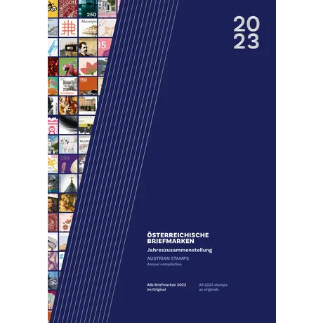 Titelbild der Jahreszusammenstellung 2023 der Österreichischen Post mit Briefmarkencollage und blauem Design.