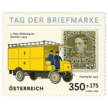 Austrian Post stamp 2022, Nominal 3.50+1.75 Euro: First Post electric vehicle Daimler 1913, with historic stamp design.