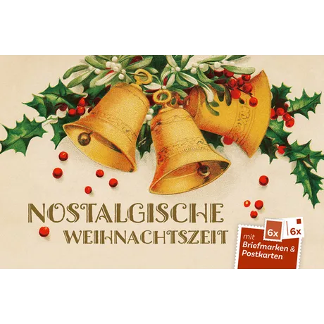 Cover der Edition Nostalgische Weihnachtszeit zeigt drei goldene Glocken mit roten Beeren und grünem Stechpalmenzweig klassischer Retro-Stil Hinweis 6 Briefmarken und 6 Postkarten unten rechts warme festliche Gestaltung