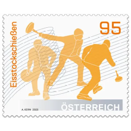 Austrian stamp 2025, nominal value 0.95 euros: Depicts curling players in orange silhouettes.