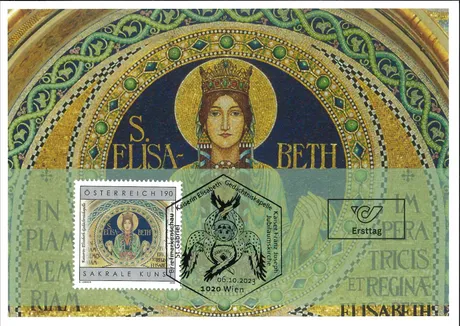 Austrian Post stamp 2023, €1.90: Sacred Art, St. Elisabeth mosaic. First Day cover with special postmark.