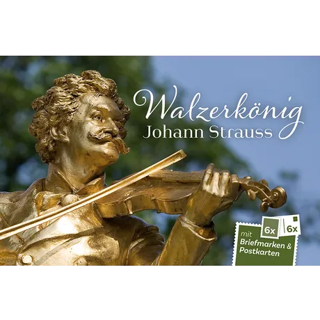 Austrian Post product featuring Johann Strauss statue with 'Waltz King' text, includes 6 stamps and postcards.