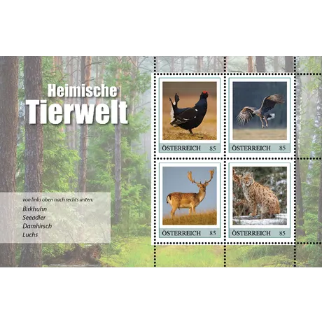 00061d4477db033aa15ad5924a06a5c35269002d.png Austrian Post 2023 stamp set 'Native Wildlife' featuring black grouse, sea eagle, fallow deer, and lynx, €0.85 each.