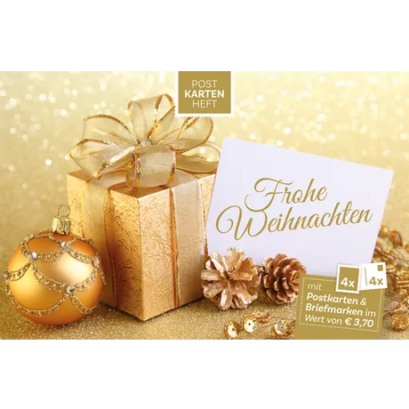 597f1ee33d65d867e8730a514aad148f5f34dbbb.png Goldenes Weihnachtsgeschenk mit Karte 'Frohe Weihnachten', Teil des Postkartenhefts der Österreichischen Post (€3,70).