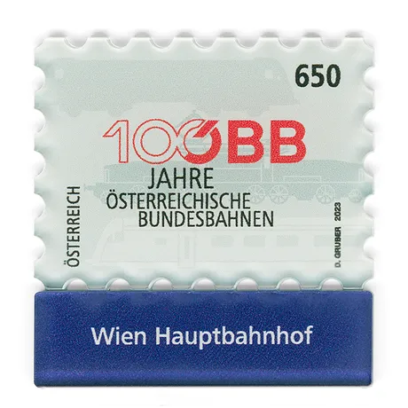 Austrian Post stamp 2023, 6.50 Euro: 100 years of Austrian Federal Railways, featuring a train and 'Wien Hauptbahnhof'.