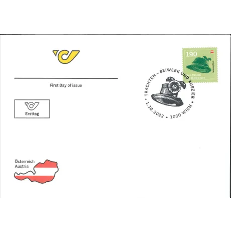 39d883375c0113edd166c49a4c6541a95821515d.jpg Austrian Post first day cover with 2022 stamp 'Salzburg Hat' (€1.90) and special postmark, 1.10.2022, Vienna.
