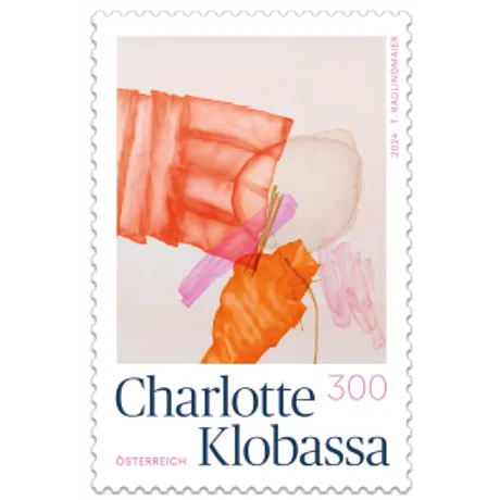 224390-Klobassa-ONLINESHOP Briefmarke Österreich 2024, Nominale 3,00 Euro: Abstrakte Kunst von Charlotte Klobassa in Rot-, Pink- und Orangetönen.