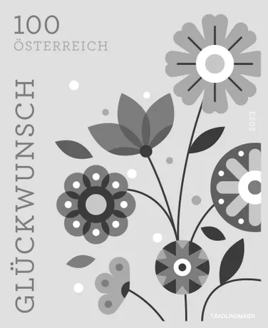 Austrian Post stamp 2023, nominal value 1.00 Euro: Floral motif with 'Congratulations' text in grayscale.