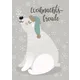 Postcard Christmas Joy shows stylized white bear wearing blue hat on gray background with snowflakes modern illustration in soft winter colors text Christmas Joy at top