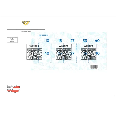 FDC_Winter_1124 Ersttagsbrief Österreich 2024: Winter-Briefmarken mit botanischem Design, ausgegeben in Rankweil am 8.11.2024.