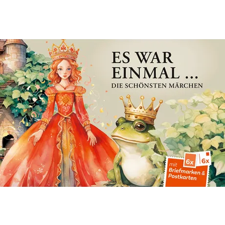 Märchenhafte Illustration mit Prinzessin und Frosch vor Schloss, Werbung für Postkartenheft mit sechs Briefmarken und Postkarten.
