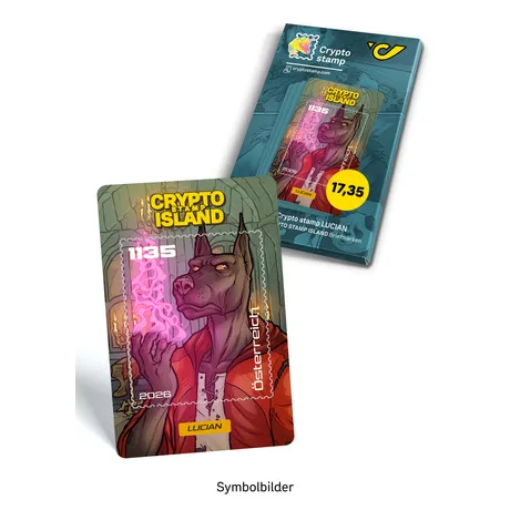 Crypto Stamp Island “Lucian” featuring an anthropomorphic canine character with a glowing magical symbol and packaging.