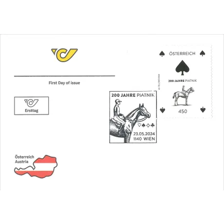 Austrian Post first day cover with stamp 'Austria 2024, 4.50 Euro: 200 Years Piatnik, horse and rider motif'.