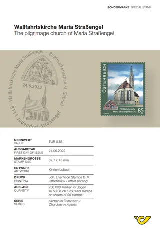 Austrian Post stamp 2022, €0.85: Pilgrimage church Maria Straßengel, part of 'Churches in Austria' series.