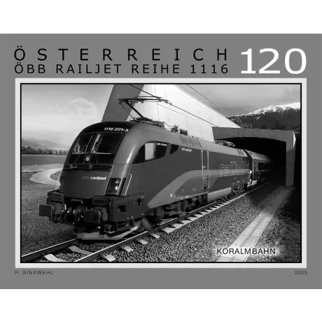 Schwarzdruck einer Briefmarke mit ÖBB-Railjet im Koralmtunnel. Nominale 1,20, Österreich, Jahr 2025.